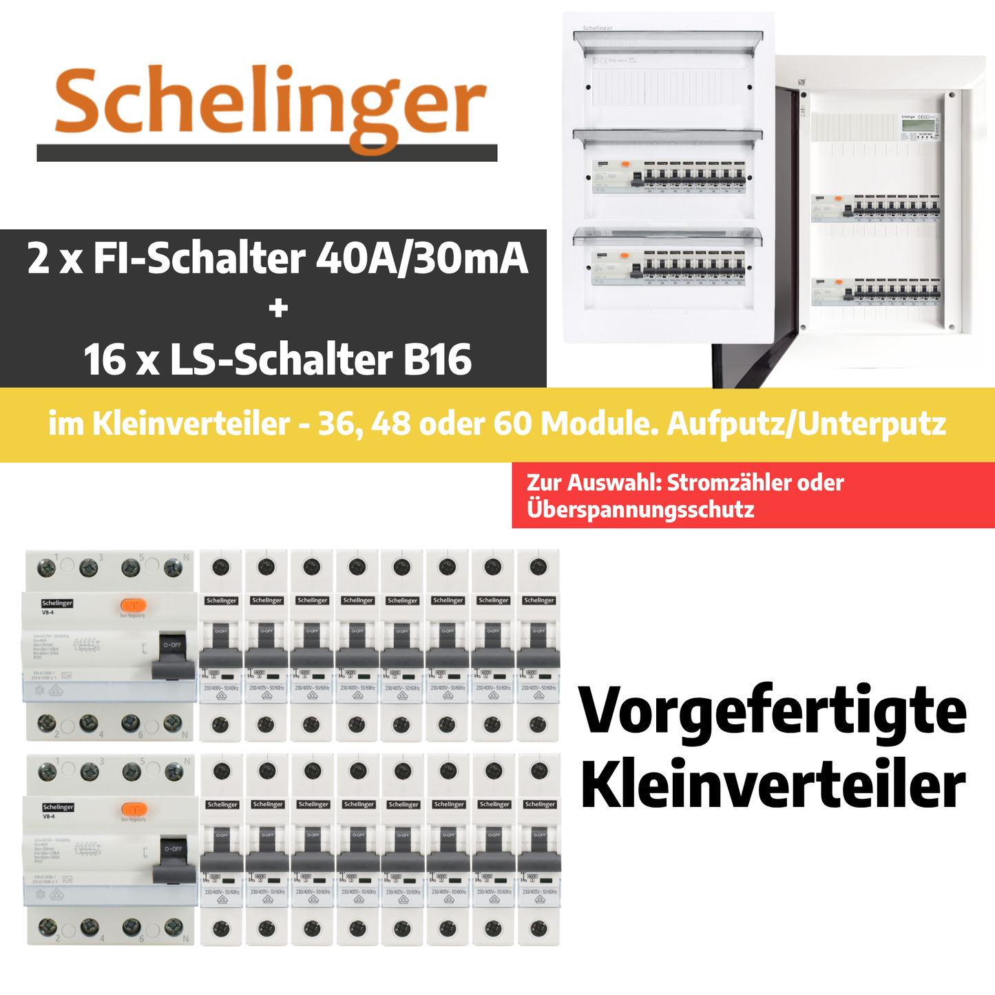 Sicherungskasten,3,4,5 Reihig, Aufputz, Unterputz, Hohlwand, verdrahtet, VDE 2 x FI 40A/30mA + 16 x 1P LS B16