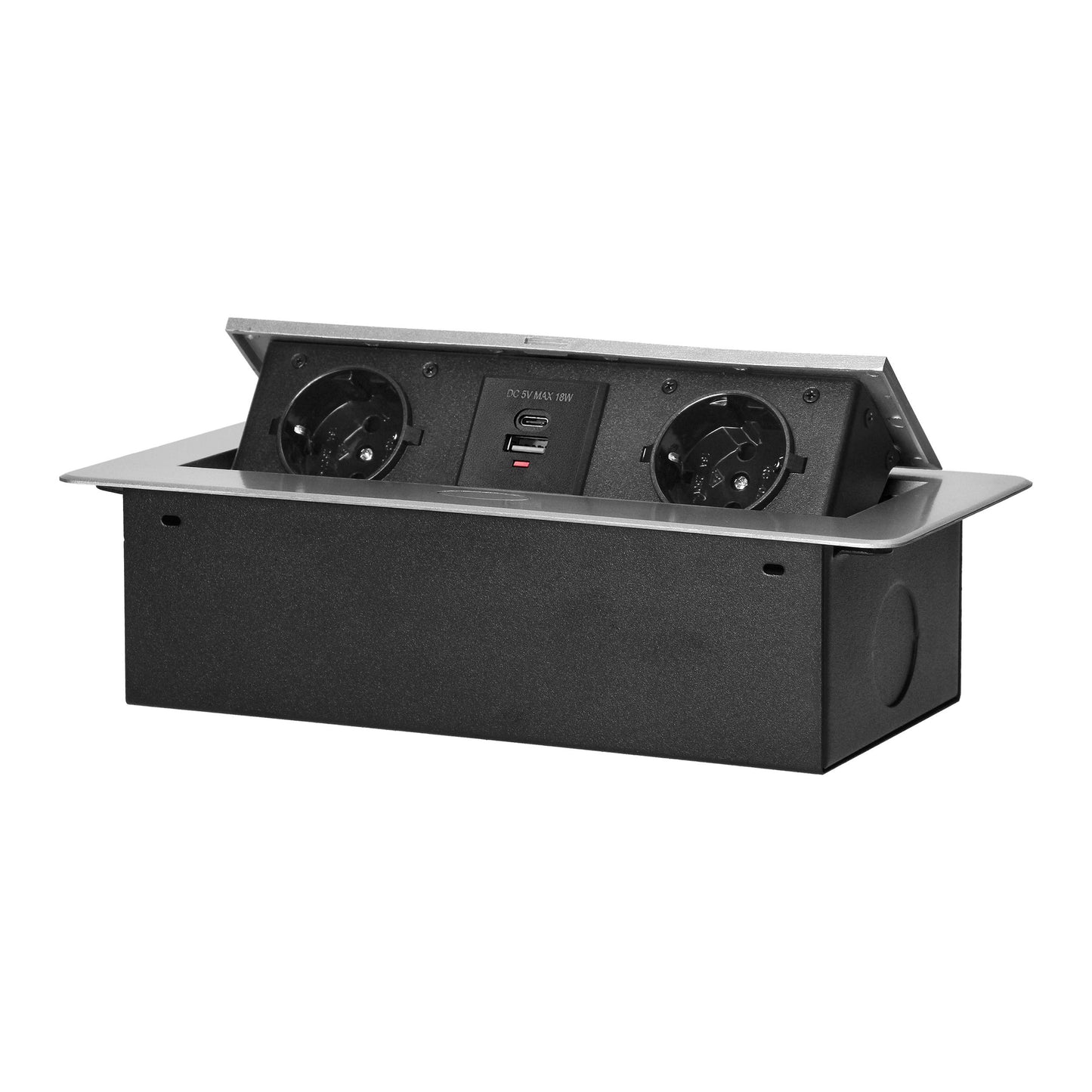 Möbeleinbausteckdose mit Flachfräsung und USB-Ladegerät, 2x2P+E (Schuko),2x USB (Typ A+C; 3,6A), silber