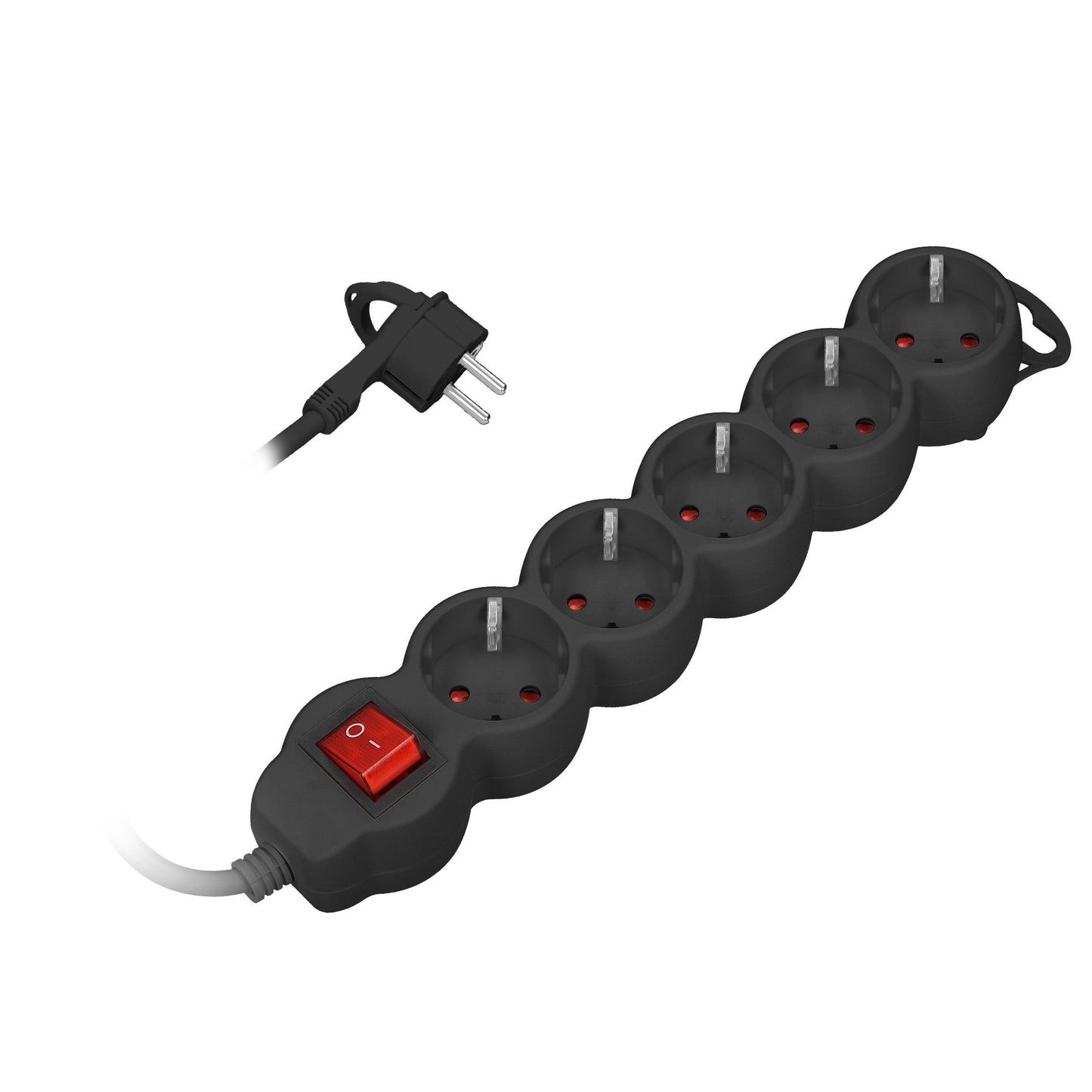 Verlängerungssteckdosen 5x 2P+E mit einem Schalter, 1,5m, Schuko H05VV-F 1x1,5mm2, Imax=16A, schwarz