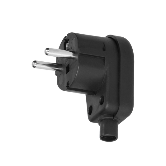 Abgewinkelter, demontierbarer Stecker vom Typ Uni-Schuko mit Erdung. Kabelanschluss-System - geschraubt. Farbe: schwarz