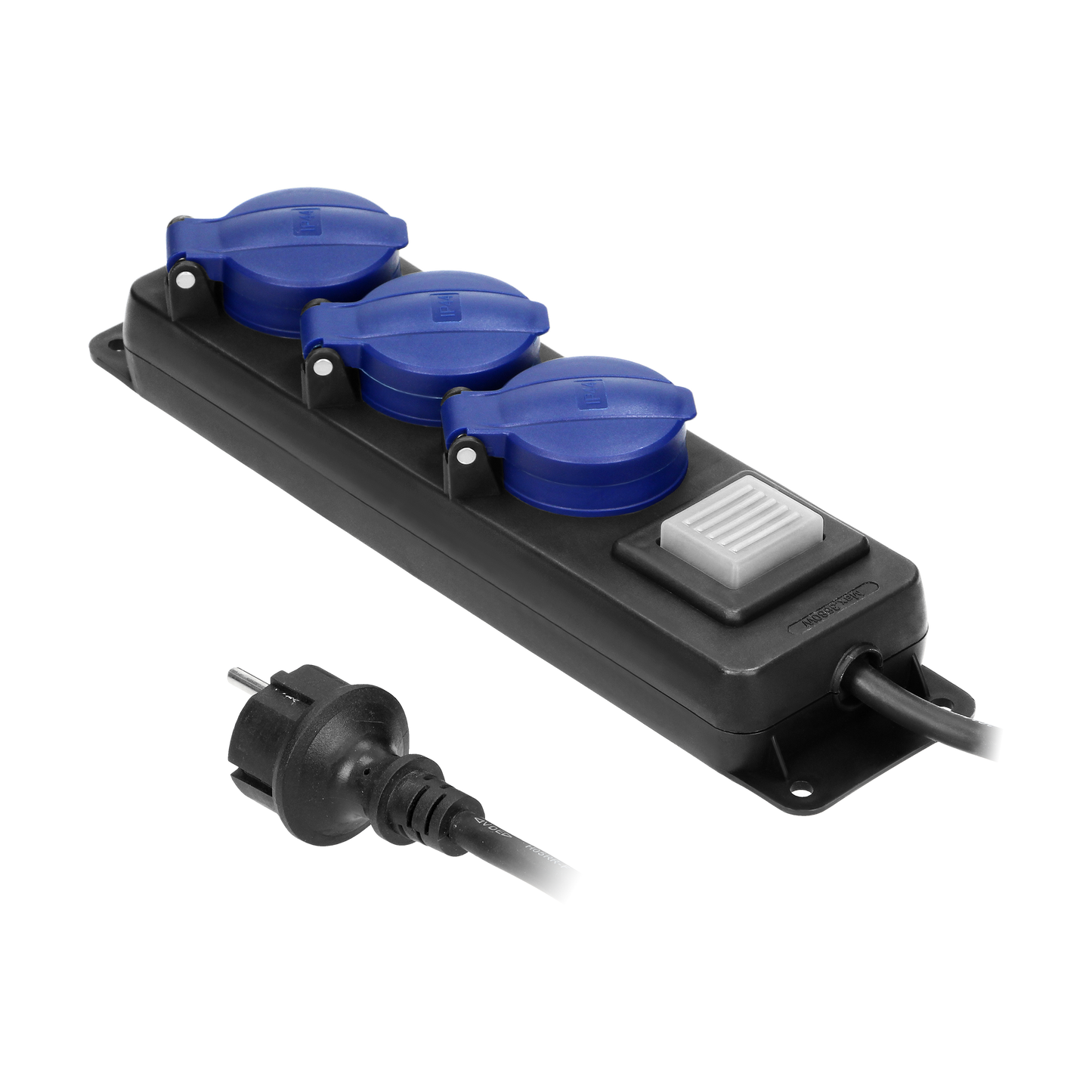 Werkstatt-Verlängerungskabel mit Schalter, IP44, 3 Steckdosen 2P+Z (schuko) IP44, Kabel im Gummimantel, H05RR-F 3x1,5mm², Länge 3m