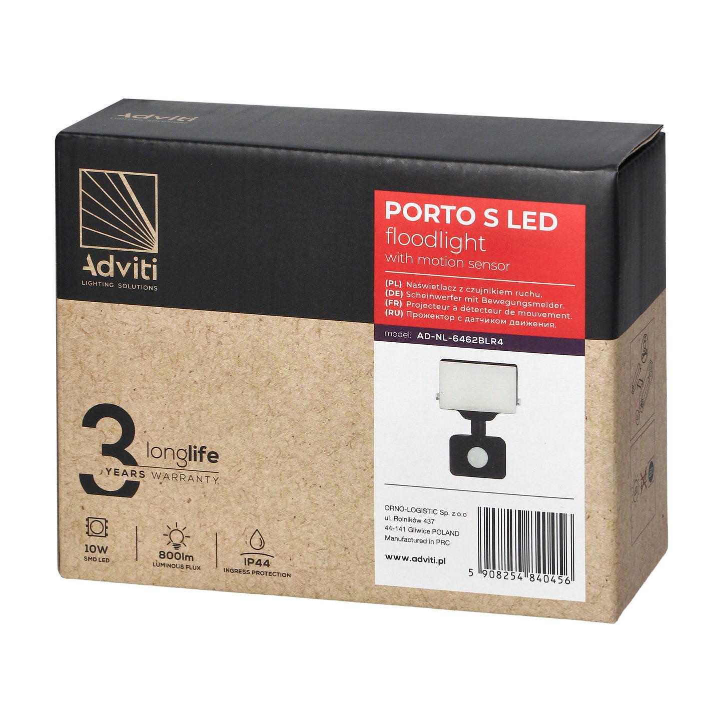 PORTO S LED 10W Fluter mit PIR-Bewegungssensor, 800lm, IP44, 4000K, Aluminium + Polycarbonat