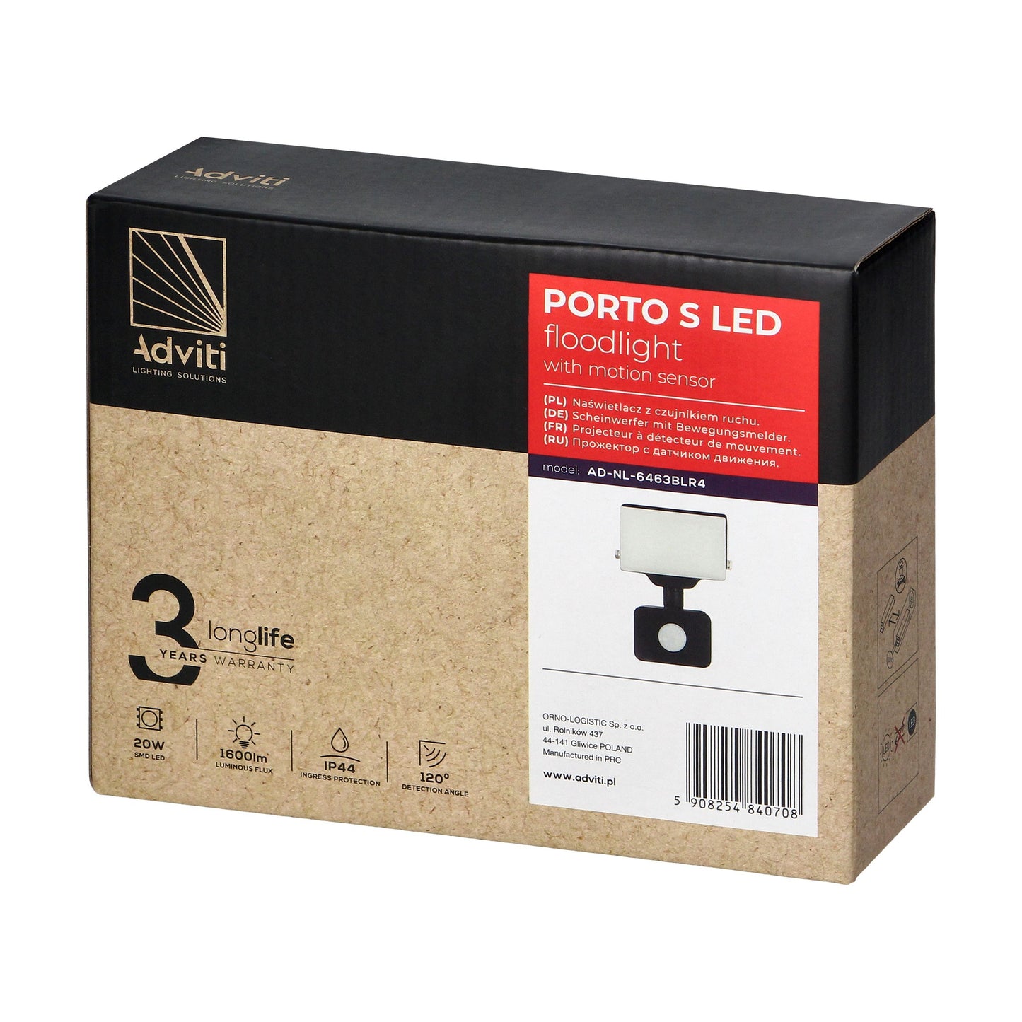 PORTO S LED 20W Fluter mit PIR-Bewegungssensor, 1600lm, IP44, 4000K, Aluminium + Polycarbonat