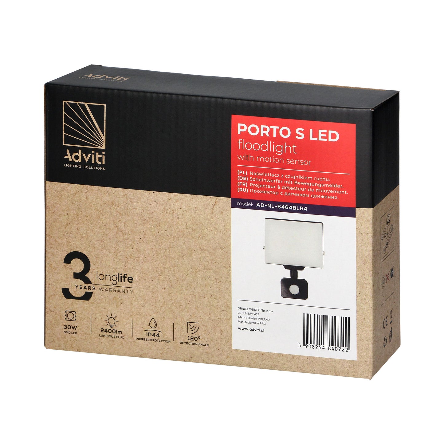 PORTO S LED 30W Fluter mit PIR-Bewegungssensor, 2400lm, IP44, 4000K, Aluminium + Polycarbonat