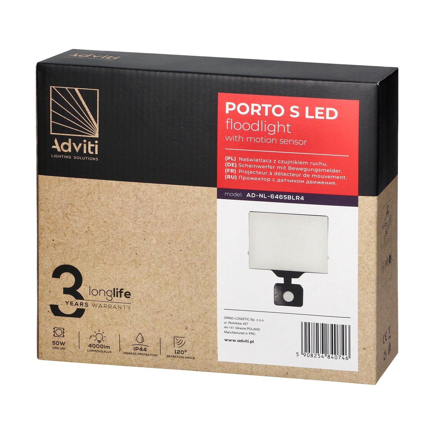 PORTO S LED 50W Fluter mit PIR-Bewegungssensor, 4000lm, IP44, 4000K, Aluminium + Polycarbonat