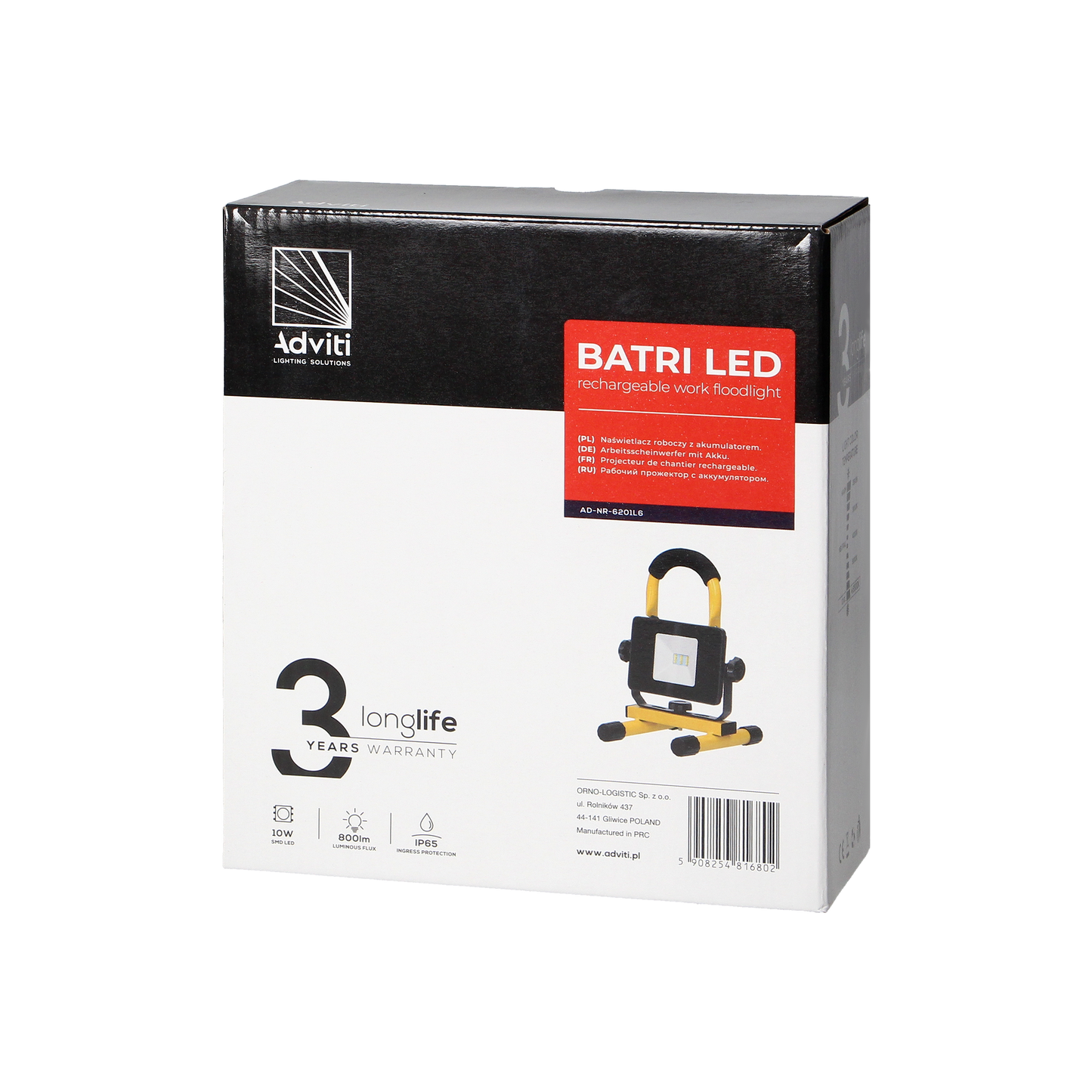 BATRI LED 10W, Werkstattstrahler, tragbar mit Akku, 800lm, IP65, 6500K, 2200mAh