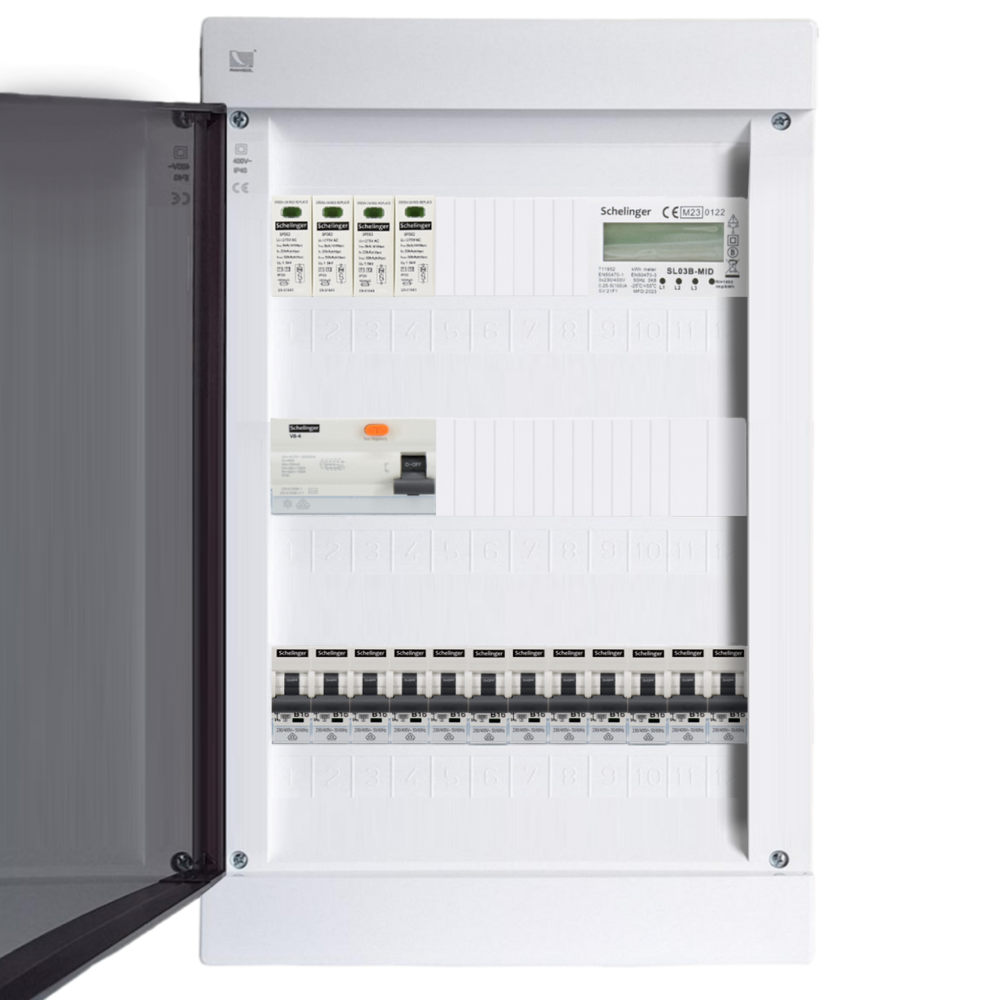 Sicherungskasten, 2,3,4,5 Reihig, Aufputz, Unterputz, Hohlwand, verdrahtet, VDE 1 x FI 40A/30mA + 12 x 1P LS B16