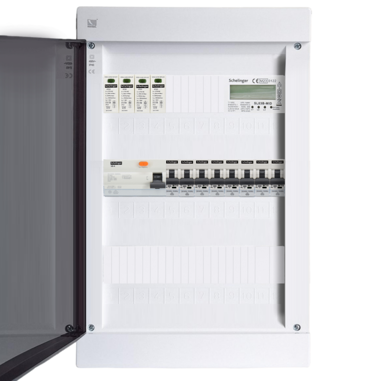 Sicherungskasten, 2,3,4,5 Reihig, Aufputz, Unterputz, Hohlwand, verdrahtet, VDE 1 x FI 40A/30mA + 8 x 1P LS B16