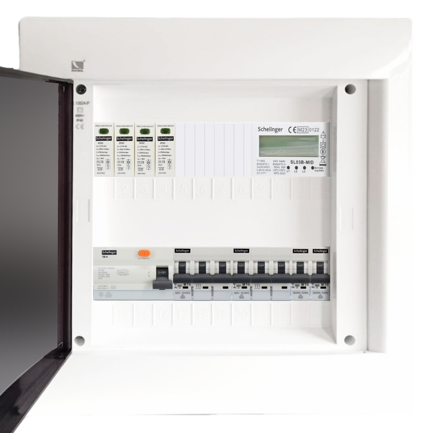 Sicherungskasten, 2,3,4,5 Reihig, Aufputz, Unterputz, Hohlwand, verdrahtet, VDE 1 x FI 40A/30mA + 2 x 3P LS B16 + 2 x 1P LS B16