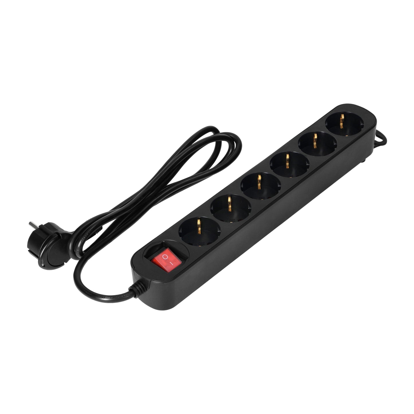 6 Verlängerungssteckdosen 2P+E (Schuko), mit Zentralschalter, 3m H05VV-F 3x1,0mm², Imax=10A,Flachstecker, schwarz
