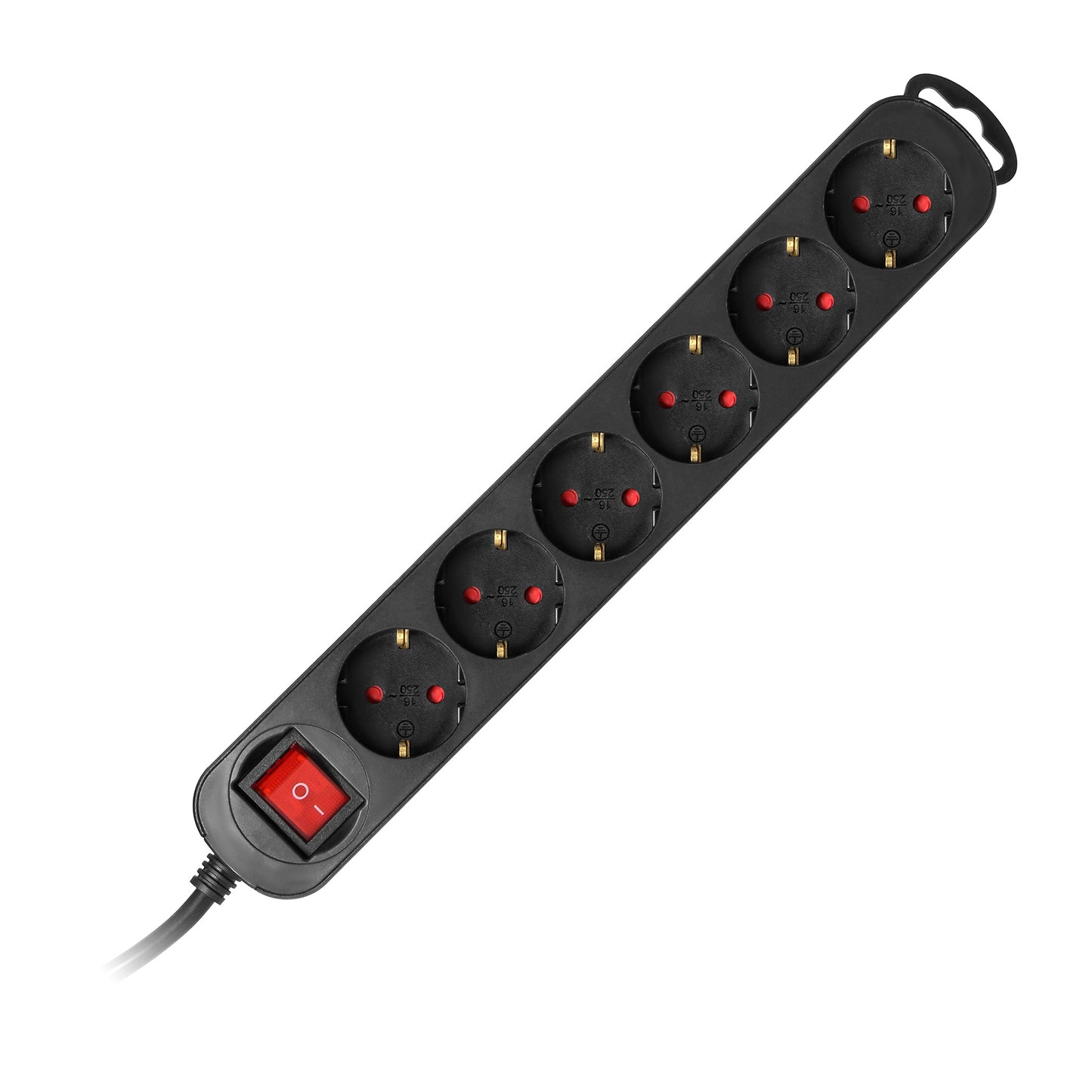 6 Verlängerungssteckdosen 2P+E (Schuko), mit Zentralschalter, 3m H05VV-F 3x1,0mm², Imax=10A,Flachstecker, schwarz