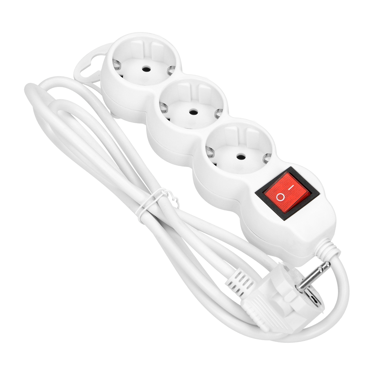 Verlängerungssteckdosen 3x 2P+E mit einem Schalter, 1,5m, Schuko H05VV-F 1x1,5mm2, Imax=16A, weiß
