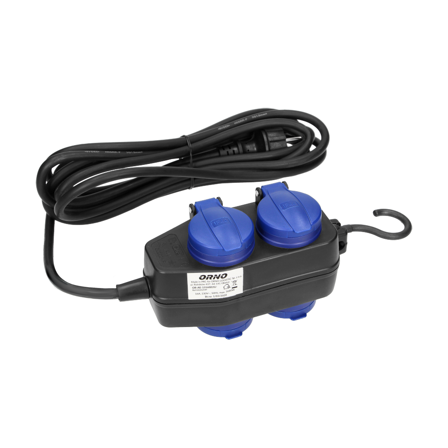 Hochbelastbare, spritzwassergeschützte Verlängerungssteckdosen, Gummikabel, IP44, H05RR-F 3x1,5mm² - 5m, 2+2 x 2P+Ed (Schuko)