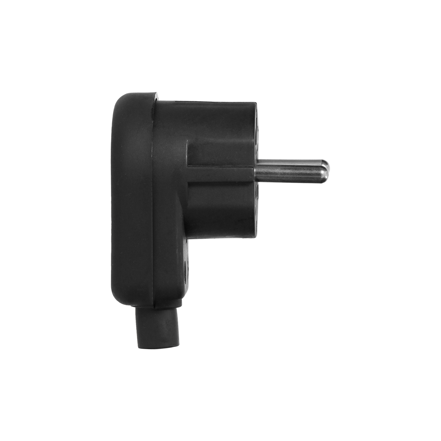Abgewinkelter, demontierbarer Stecker vom Typ Uni-Schuko mit Erdung. Kabelanschluss-System - geschraubt. Farbe: schwarz