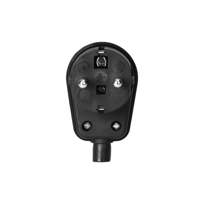 Abgewinkelter, demontierbarer Stecker vom Typ Uni-Schuko mit Erdung. Kabelanschluss-System - geschraubt. Farbe: schwarz