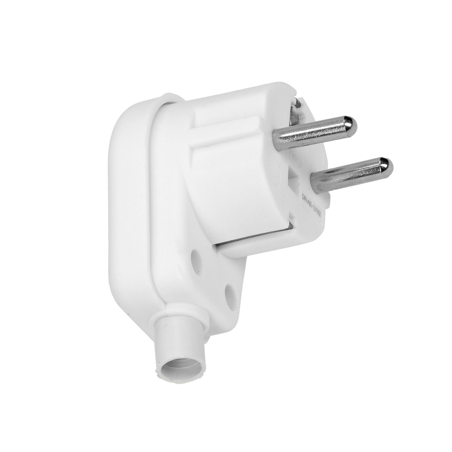 Abgewinkelter, demontierbarer Stecker vom Typ Uni-Schuko mit Erdung. Kabelanschluss-System - geschraubt. Farbe: weiß