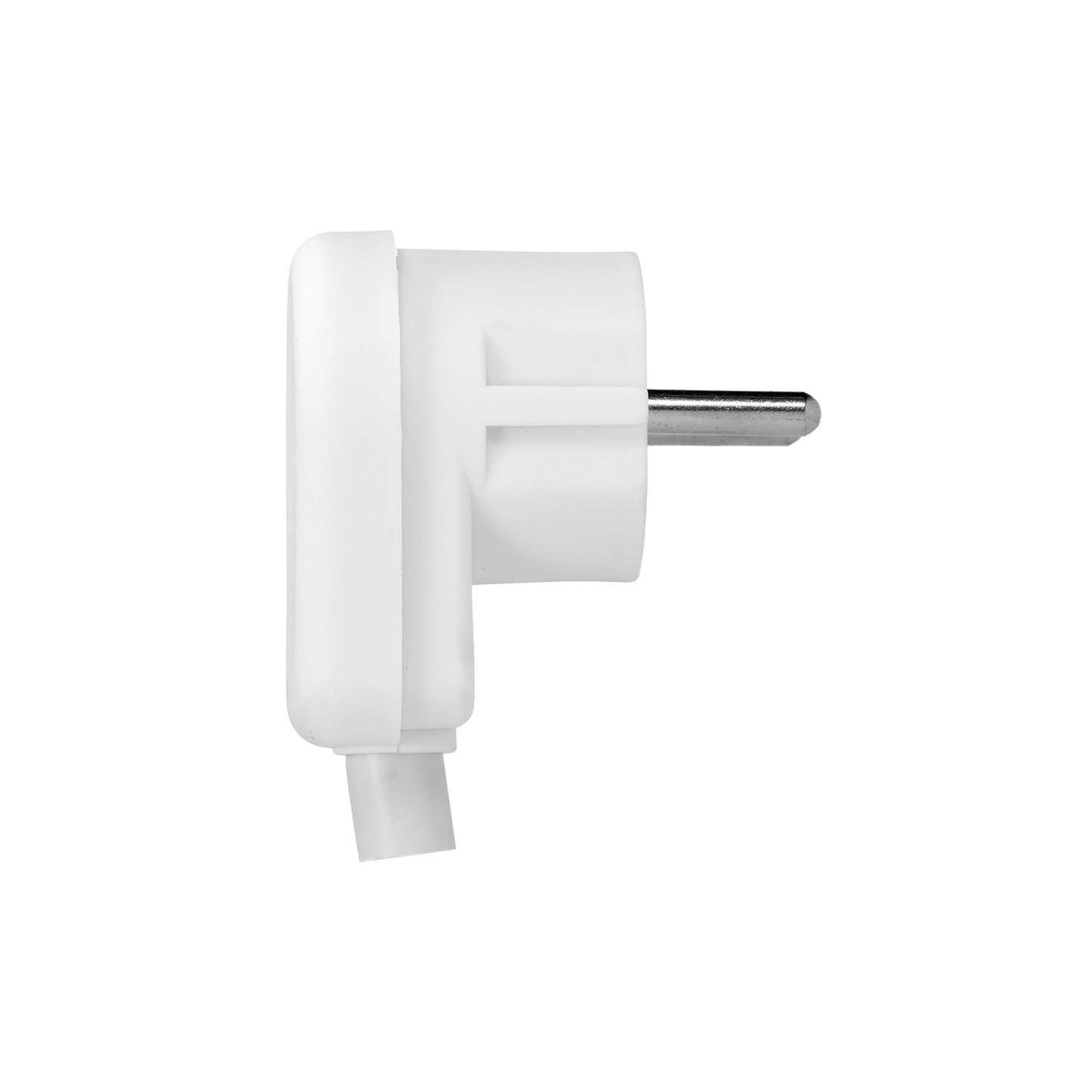Abgewinkelter, demontierbarer Stecker vom Typ Uni-Schuko mit Erdung. Kabelanschluss-System - geschraubt. Farbe: weiß