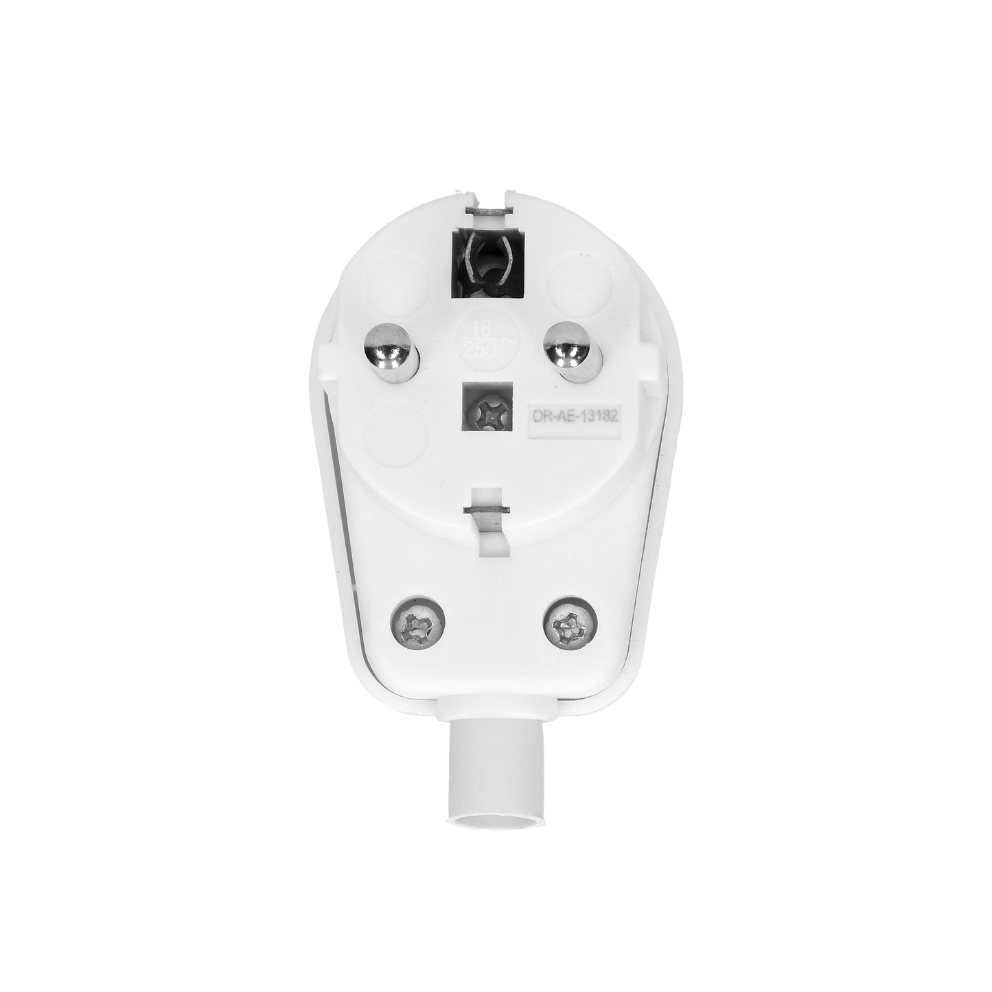 Abgewinkelter, demontierbarer Stecker vom Typ Uni-Schuko mit Erdung. Kabelanschluss-System - geschraubt. Farbe: weiß