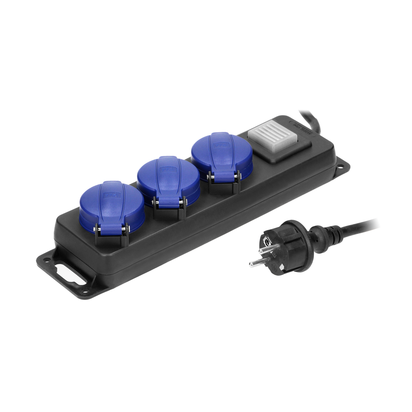 Werkstatt-Verlängerungskabel mit Schalter, IP44, 3 Steckdosen 2P+Z (schuko) IP44, Kabel im Gummimantel, H05RR-F 3x1,5mm², Länge 5m