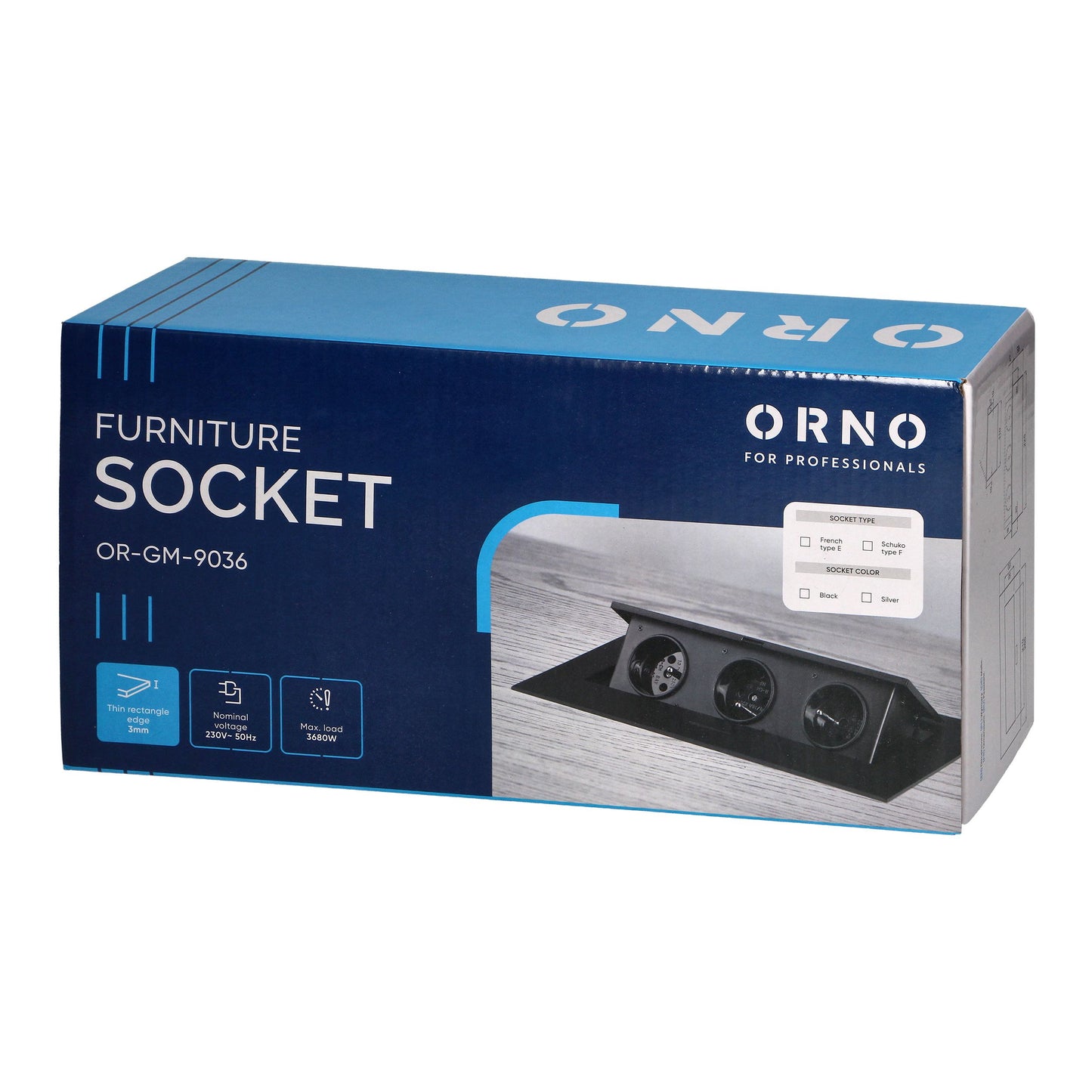 Möbeleinbausteckdose mit flachem Rand, 3x2P+E (Schuko), silber