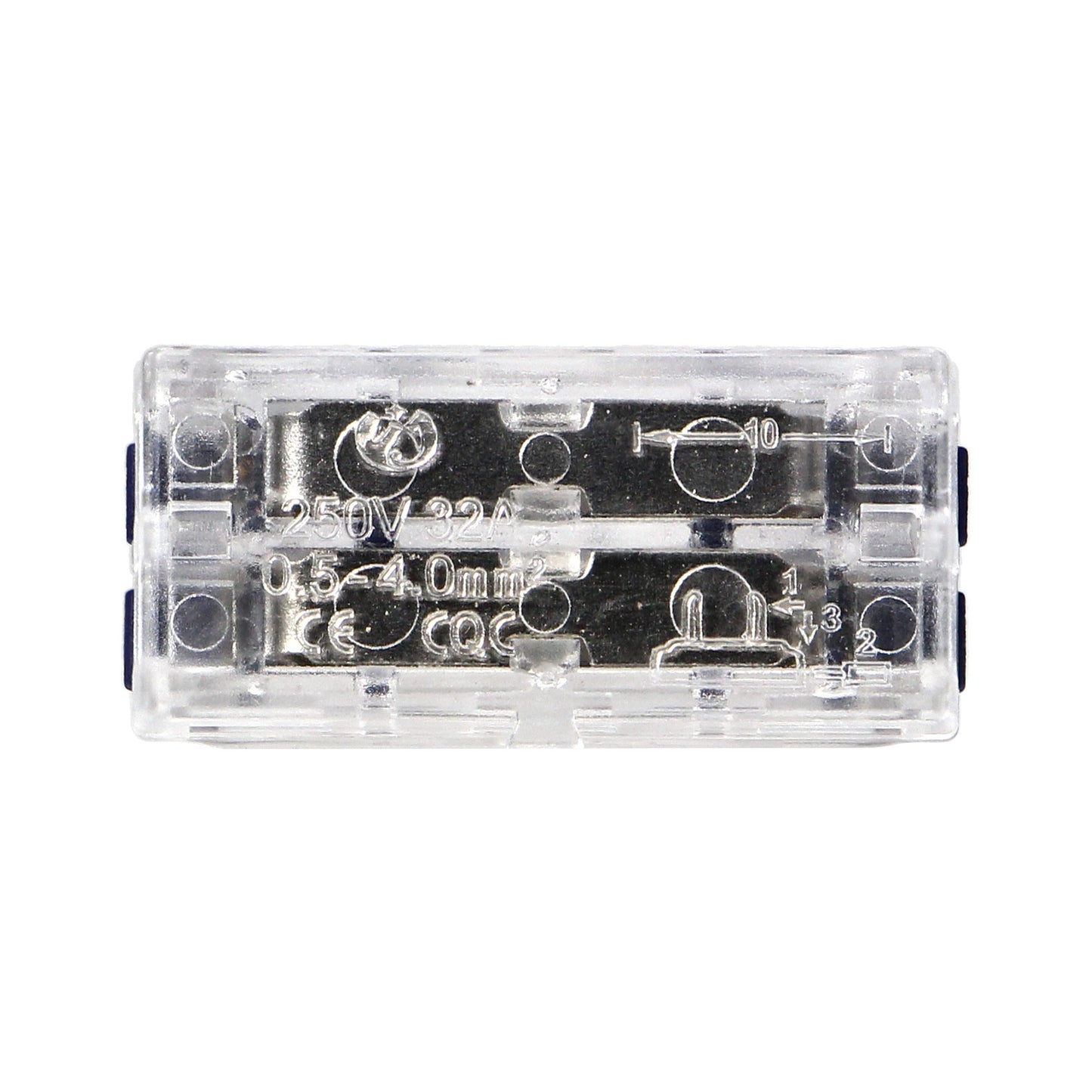 2-Draht-Klemmverbinder, doppelseitig; für beliebige 0,75-4mm²-Drähte; IEC 250V/32A; Beutel mit 10 Stück.