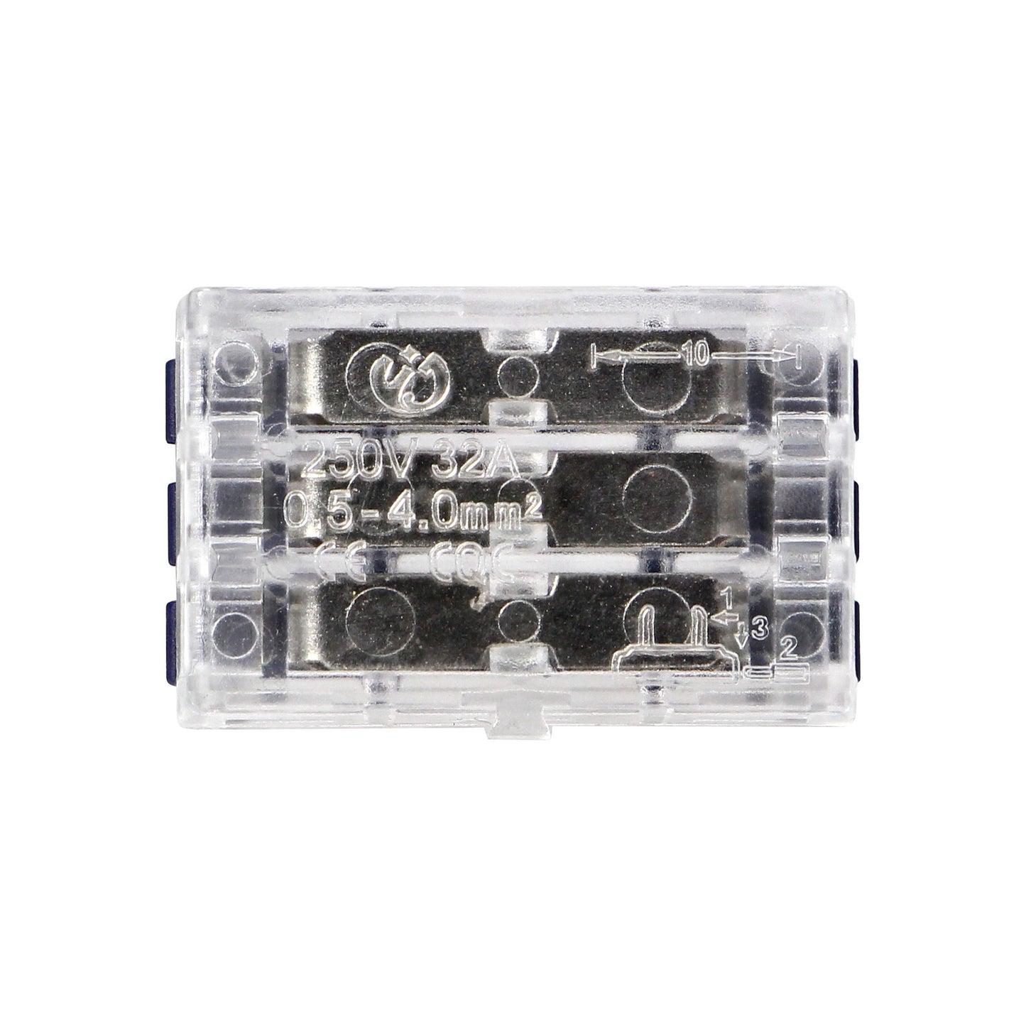 3-Draht-Klemmverbinder, doppelseitig; für beliebige 0,75-4mm²-Drähte; IEC 250V/32A; Beutel mit 4 Stück.