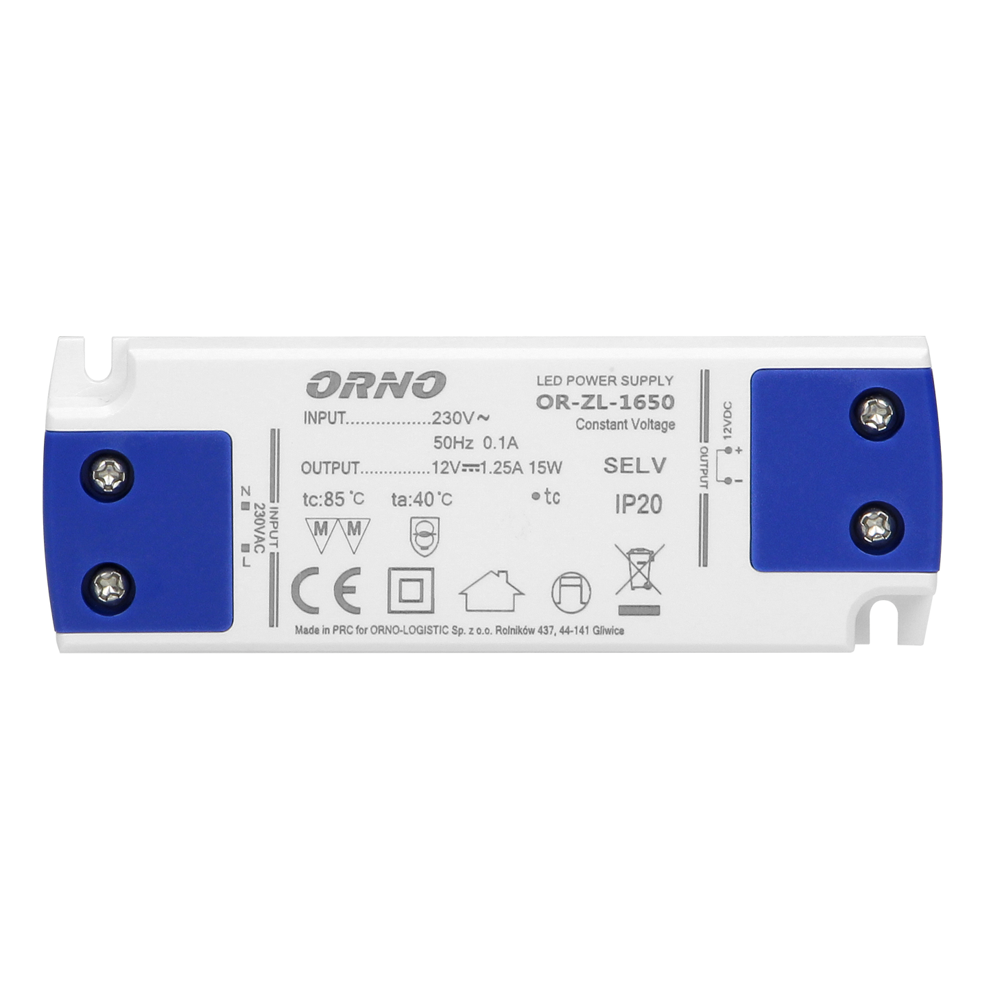 Flaches Netzteil für LED 12VDC 15W, IP20, Höhe 16,5mm