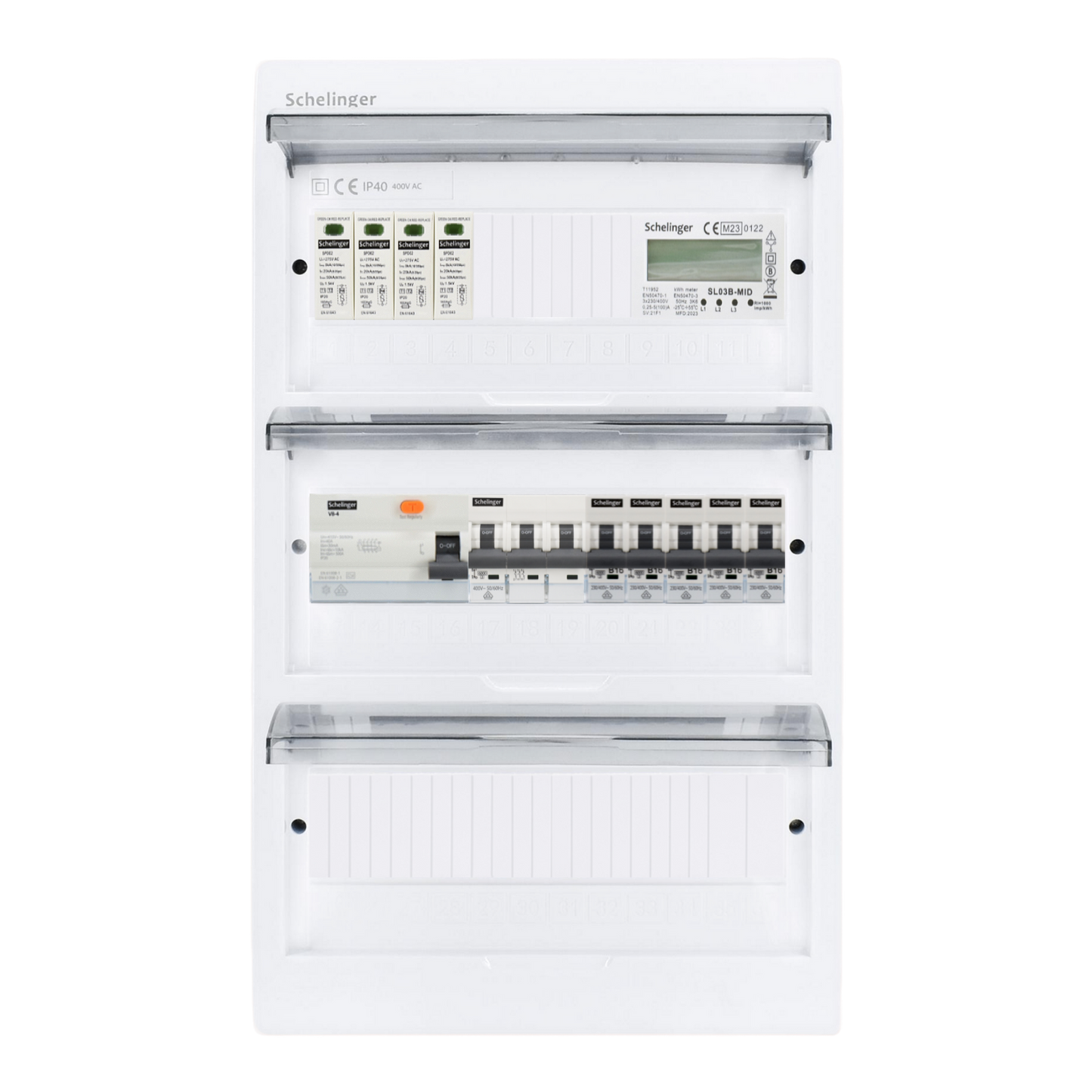 Sicherungskasten, 2,3,4,5 Reihig, Aufputz, Unterputz, Hohlwand, verdrahtet, VDE 1 x FI 40A/30mA + 1 x 3P LS B16 + 5 x 1P LS B16