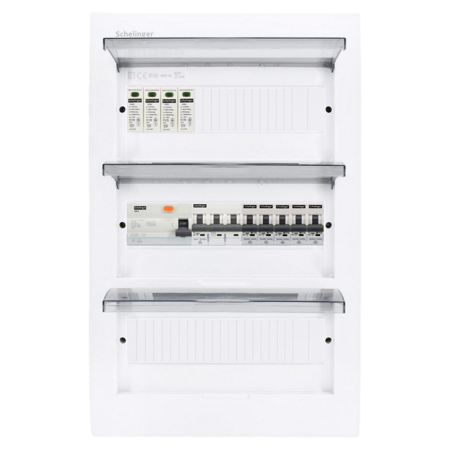 Sicherungskasten, 2,3,4,5 Reihig, Aufputz, Unterputz, Hohlwand, verdrahtet, VDE 1 x FI 40A/30mA + 1 x 3P LS B16 + 5 x 1P LS B16