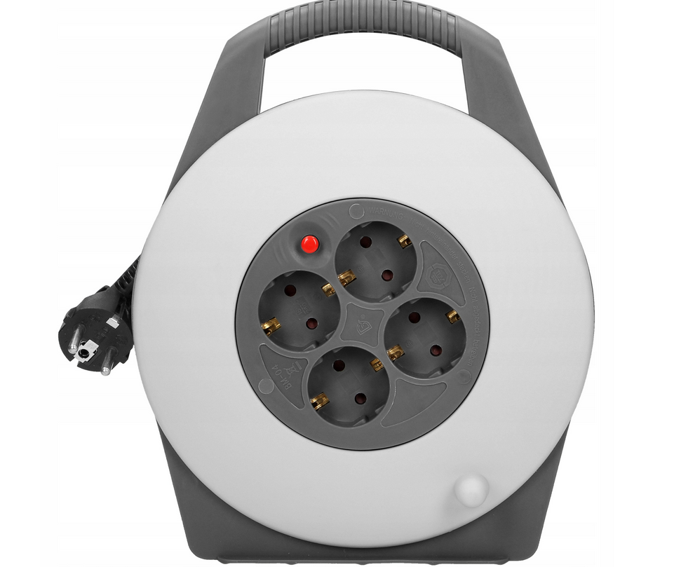 Kabeltrommel mit 4 Steckdosen 2P+E (Schuko), Kabel: PVC H05VV-F 3x1mm², 10m lang