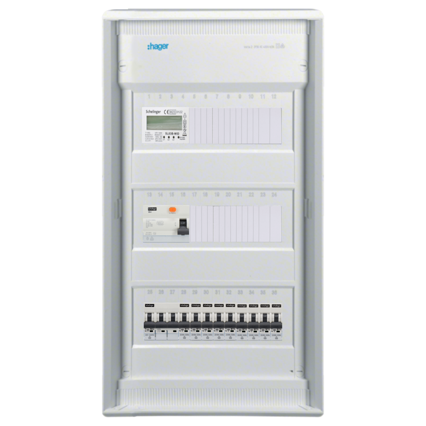 Sicherungskasten, 2,3,4,5 Reihig, Aufputz, Unterputz, Hohlwand, verdrahtet, VDE 1 x FI 40A/30mA + 1 x 3P LS B32 + 9 x 1P LS B16