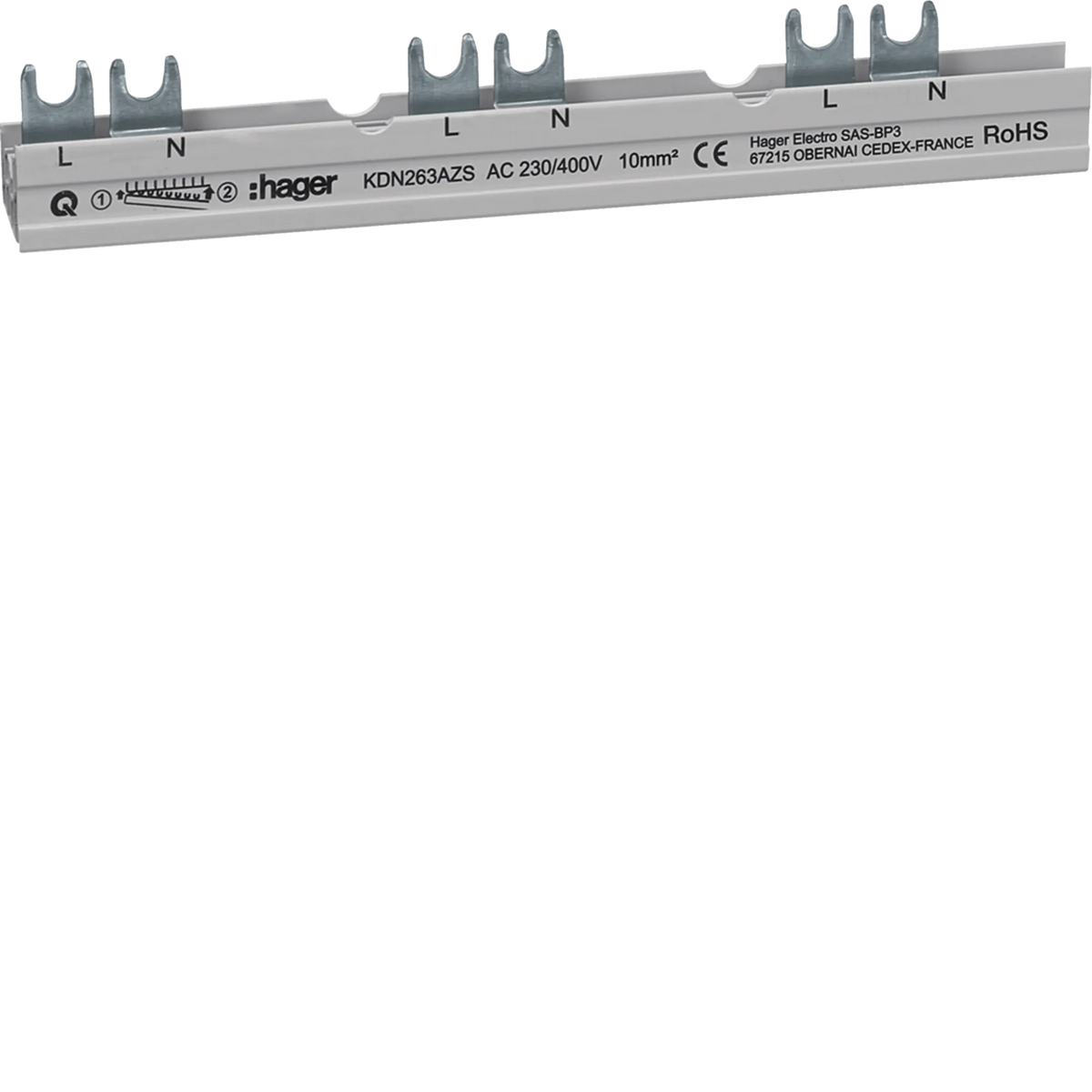 Hager KDN263AZS Phasenschiene mit Gabelanschluss, 2P, 10 Module