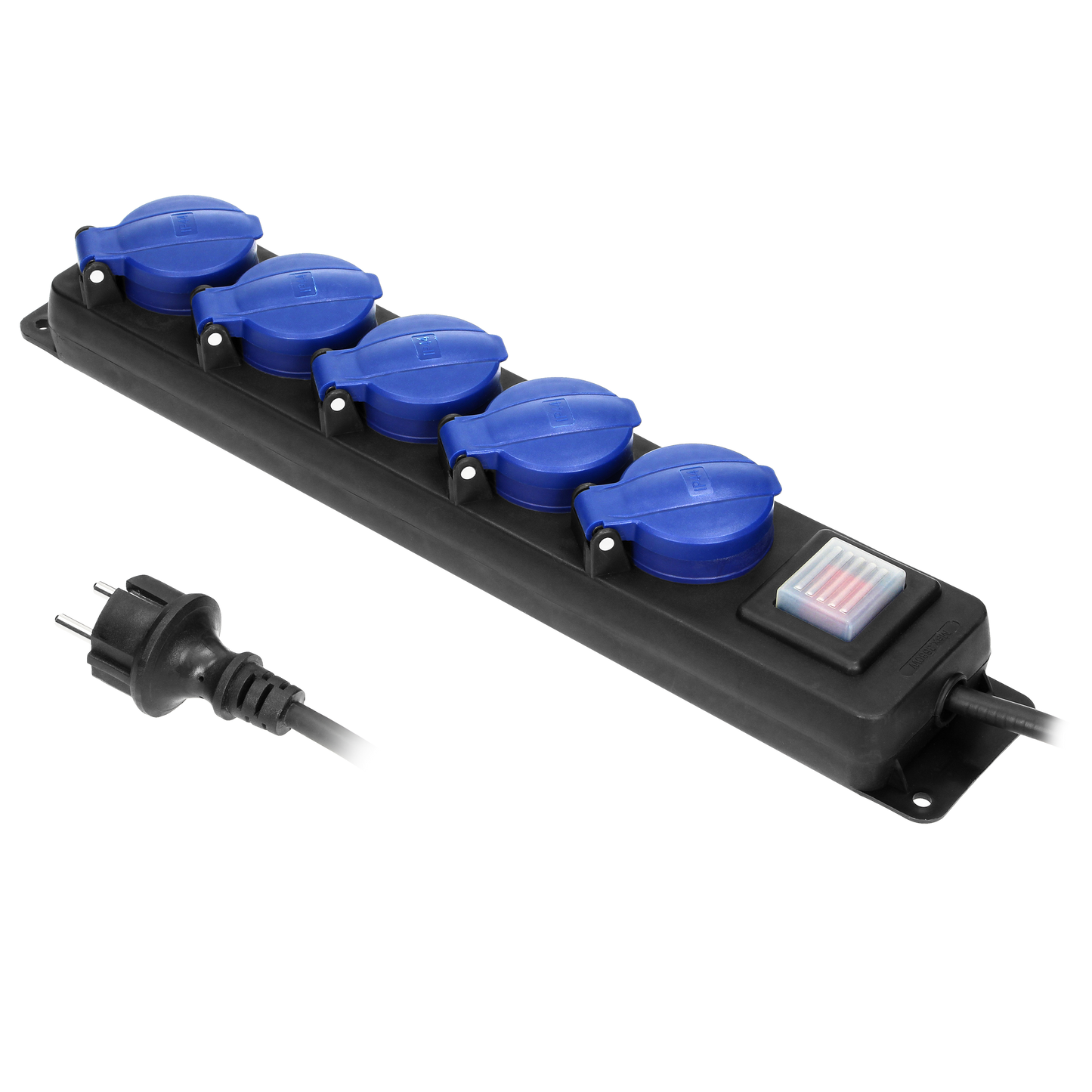 Werkstatt-Verlängerungskabel mit Schalter, 5 Steckdosen 2P+Z (schuko) IP44, Kabel im Gummimantel, H05RR-F 3x1,5mm², Länge 3m