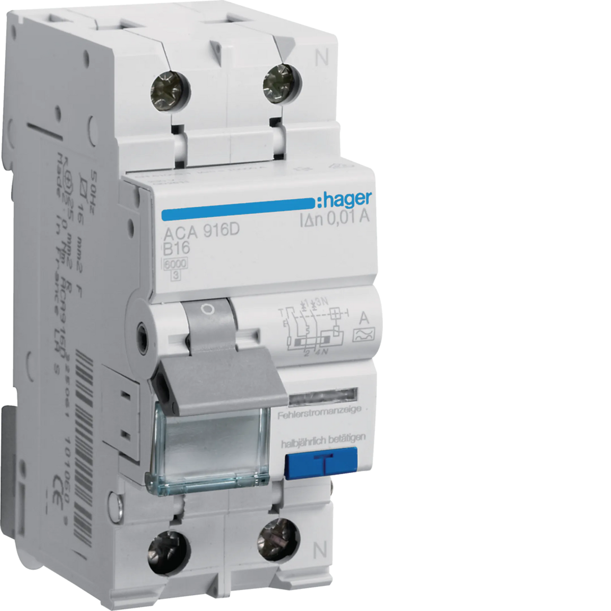Hager ACA916D FI/LS-Schalter, 1P+N, 6kA, B16, 10mA, Typ A