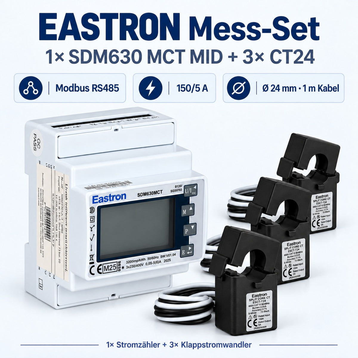 Set: 1× EASTRON SDM630 MCT MID Wandlerzähler, Modbus RTU + 3× CT24 150/5 A Klappstromwandler, Ø 24 mm, 1 m – Ansicht 2