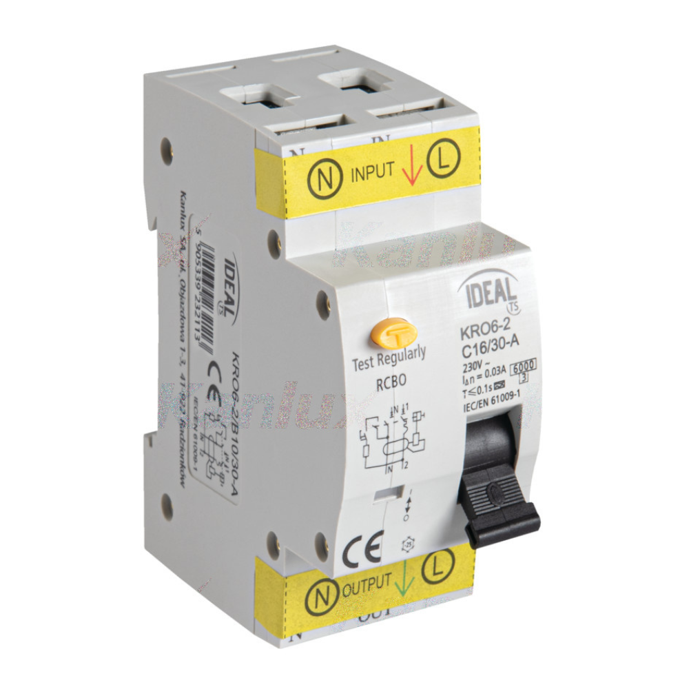 Kanlux IDEAL Fehlerstromschutzschalter mit Überstromschutz, 6kA, 2P KRO6 KRO6-2/C16/30-A