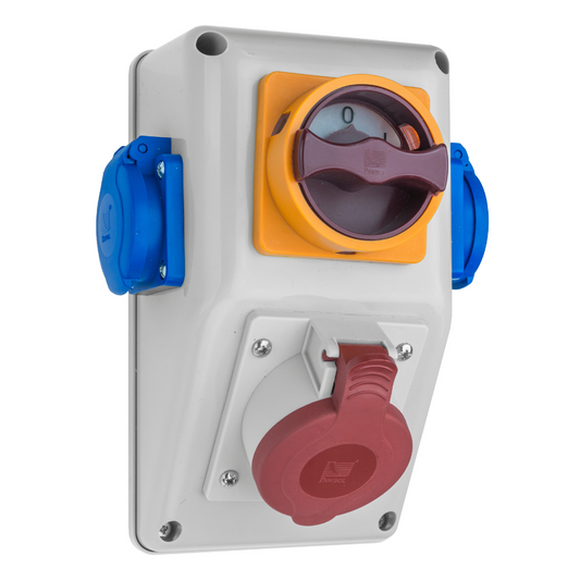 Wandverteiler mit Wendeschalter für Rechts- und Linkslauf 1xCEE/16A+2x230V/16A