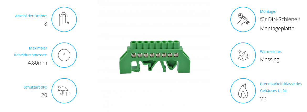 Isolierte PE-Klemmleiste, 8 Leiter, grün