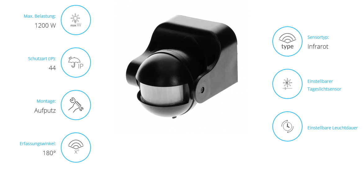 Bewegungsmelder 180 Grad IP44, 1200W, schwarz