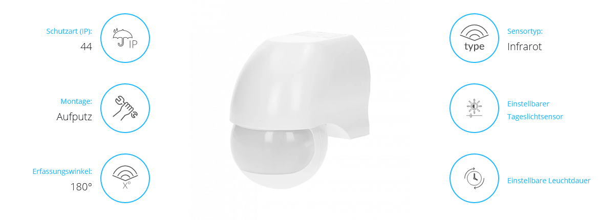 Bewegungsmelder 180 Grad IP44, 1200W, weiß