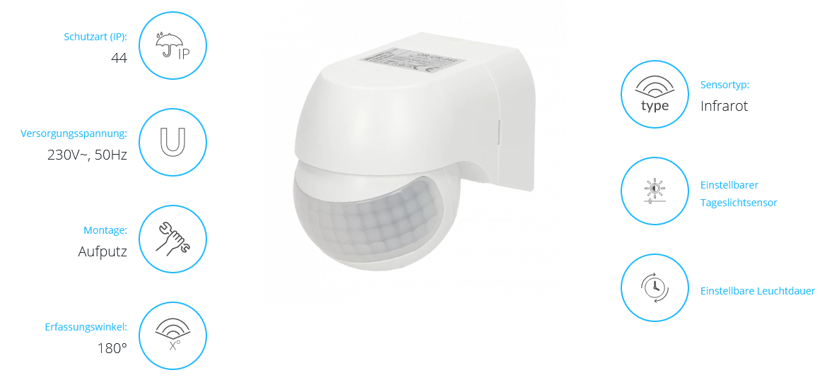 Bewegungsmelder 180 Grad IP44, 800W, mini, weiß