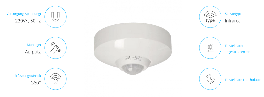 Bewegungsmelder 360 Grad IP20, weiß, einstellbarer Senso