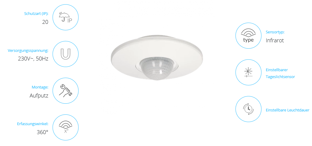 Bewegungsmelder mit 3 Sensoren, 360 Grad IP20, 2000W