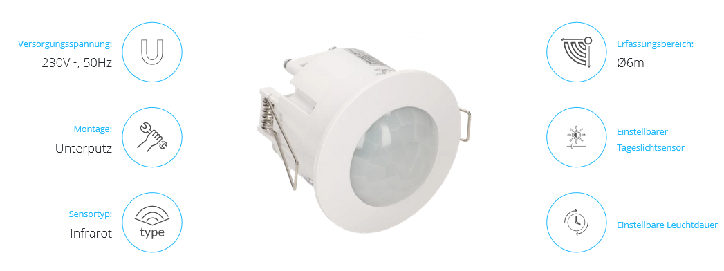 Unterputz-Bewegungsmelder 360 Grad, IP20