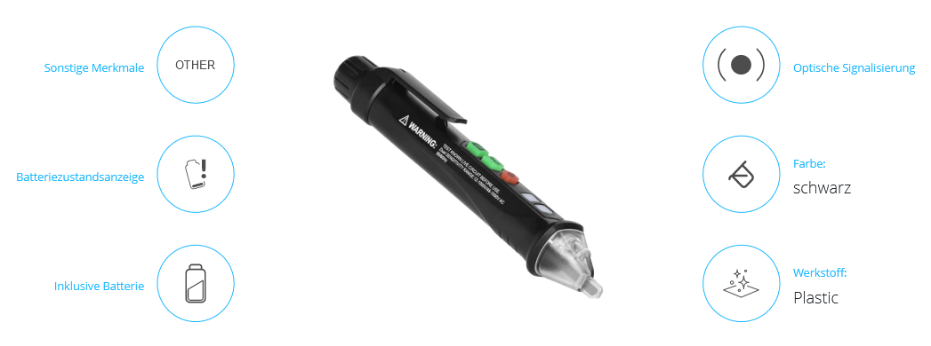 Induktiver Spannungsprüfer mit Taschenlampe, 12-1000V, AC/DC, schwarz
