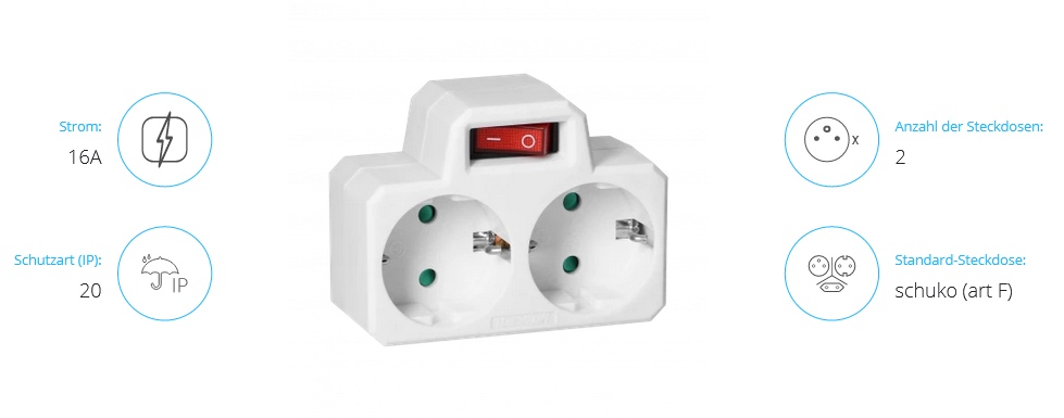 Leistungsverteiler 2x2P+E (Schuko) mit Zentralschalter, weiß