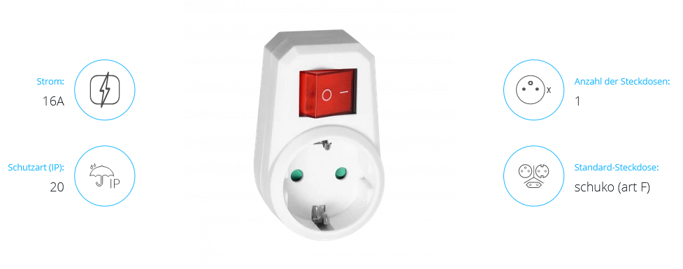 Einzelnetzteil 1x2P+Z (Schuko) mit Zentralschalter, weiß