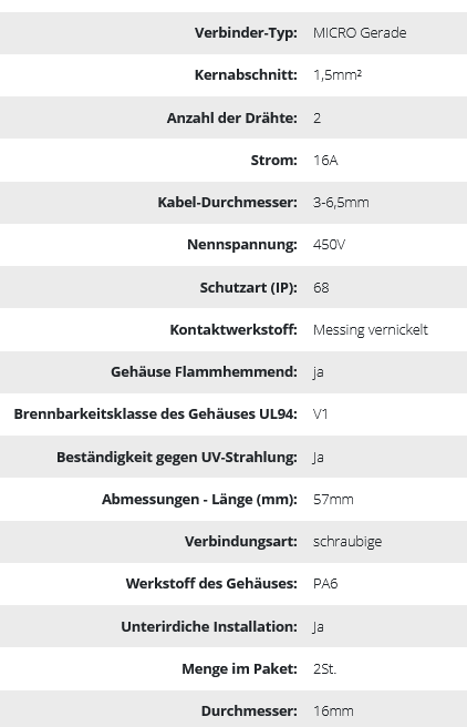 MICRO-Kabelverbinder , gerade, IP68, 2x1,0mm2, 450V/10A, 2 Stk.