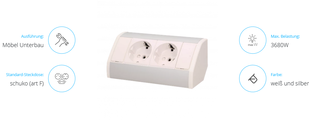 Möbel-Steckdose 2x2P+Z, Schuko Version, weiß-silber