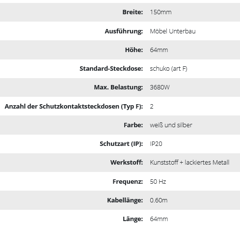 Möbel-Steckdose 2x2P+Z, Schuko Version, weiß-silber